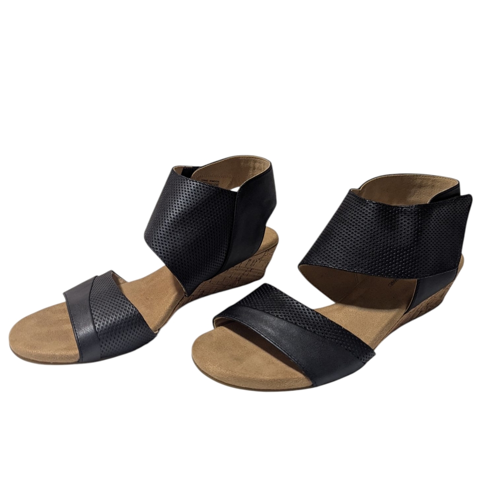 Rockport Black and Tan Sandals Wedge with Ankle Wrap